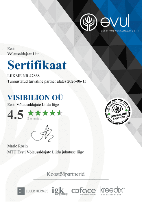 Visibilion OÜ EVUL sertifikaat