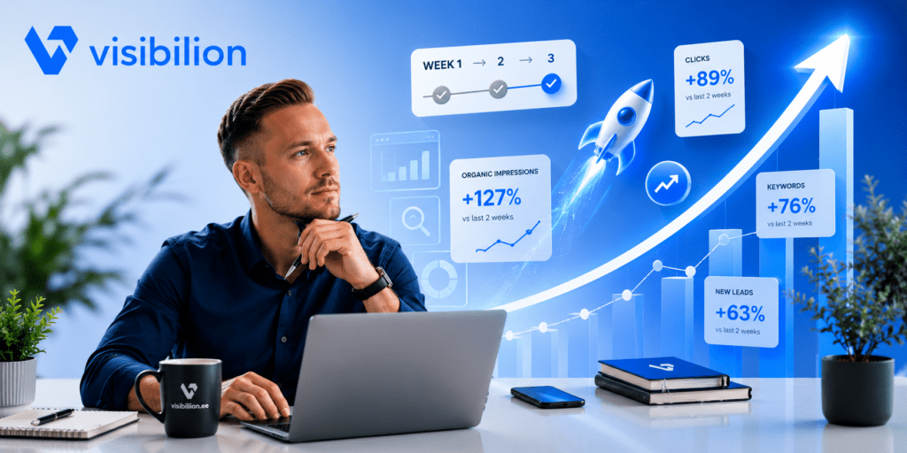 Visibilion.ee kasvusüsteemi visuaal, mis näitab veebilehe, SEO, Google Ads’i, Meta reklaami, sisu, outreach’i ja esimeste päringute seost.