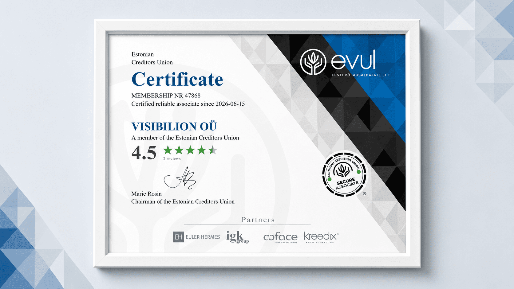 Visibilion OÜ EVUL trusted partner certificate