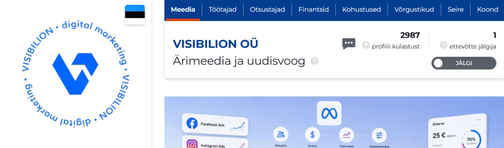 SSB.ee ekraanipilt, mis näitab Visibilion OÜ ettevõtte profiili ja artiklite vaatamisi Eesti äriplatvormil.