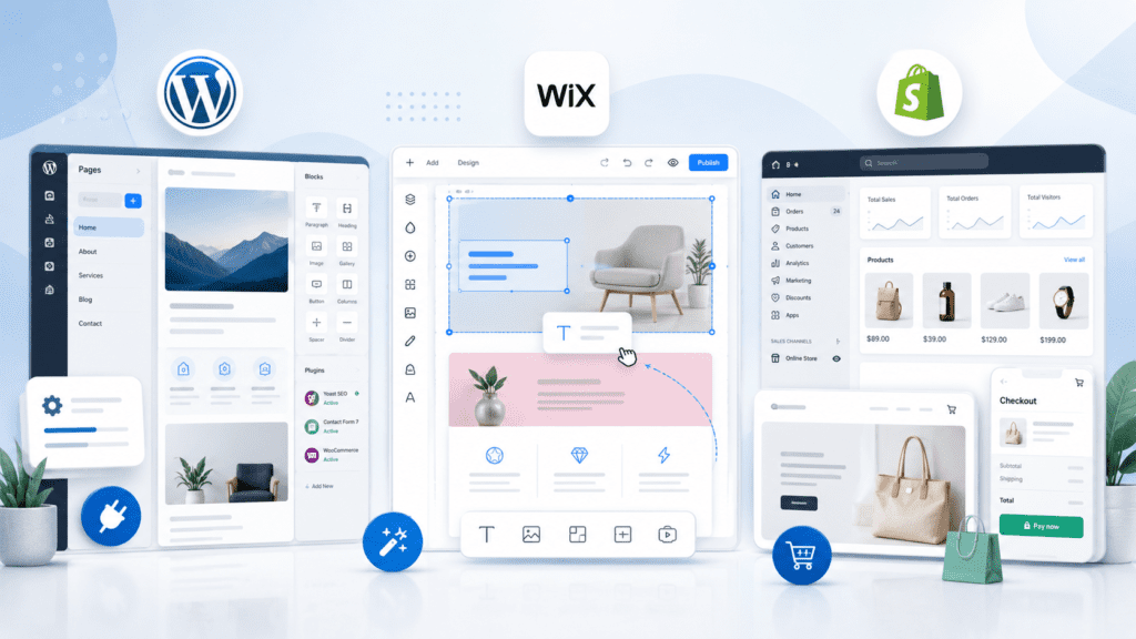 WordPress, Wix ja Shopify võrdlus ettevõtte veebilehe ja e-poe platvormi valimiseks