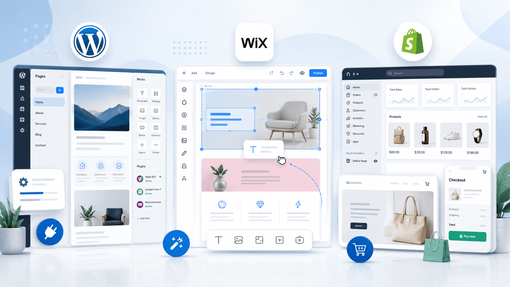 WordPress, Wix ja Shopify võrdlus ettevõtte veebilehe ja e-poe platvormi valimiseks